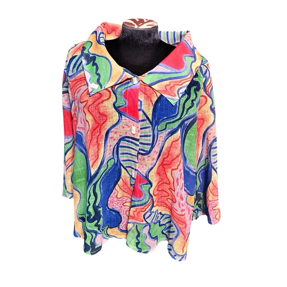 Trisha Tyler Women’s Semi Sheer Colorful Abstract Swing Jacket Blouse XL